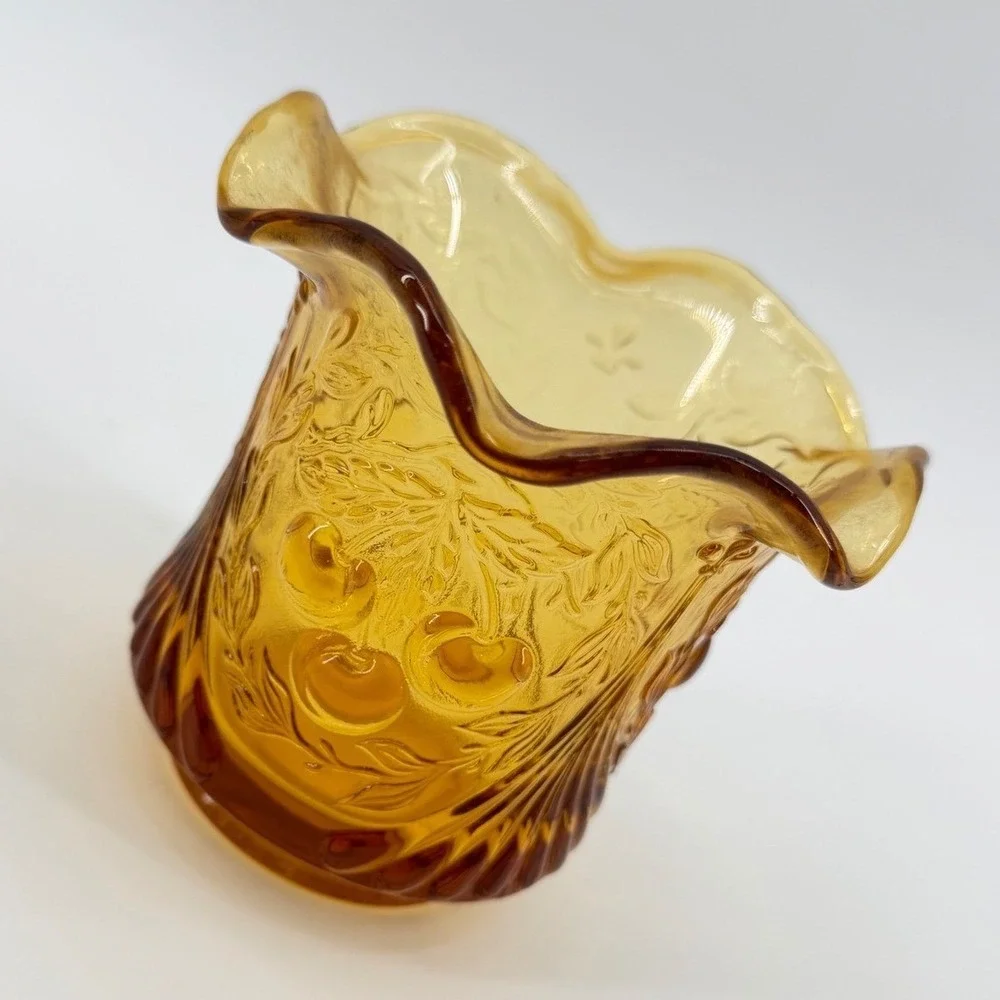 Amber Glass‎ Hobnail Bud Vase Ruffled Edge Embossed Floral